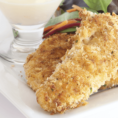 PediaSure® recipe for baked chicken fingers with ranch dip and salad