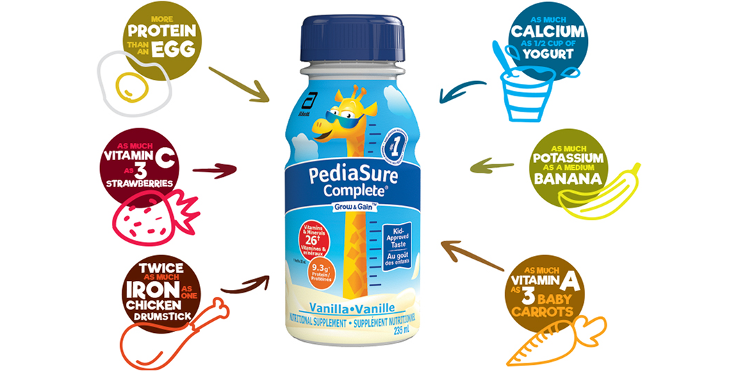 Egg, strawberry, chicken drumstick, yogurt, banana, and carrot pointing to PediaSure Complete vanilla 235ml